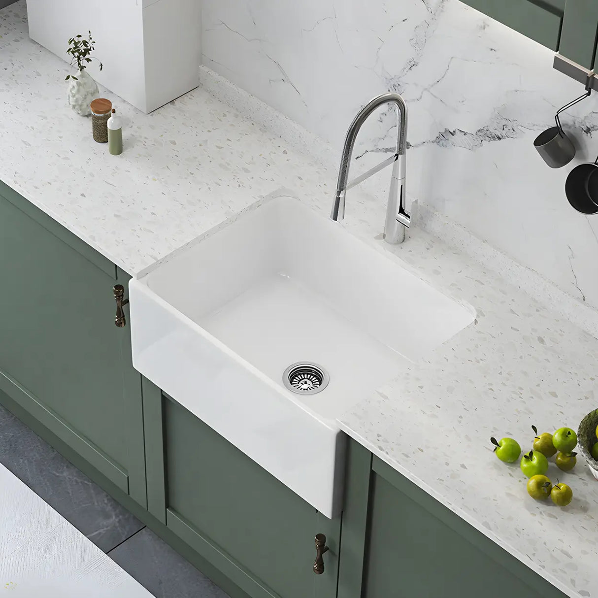 White Rectangular Ceramic Farmhouse Sink with Apron Image - 4