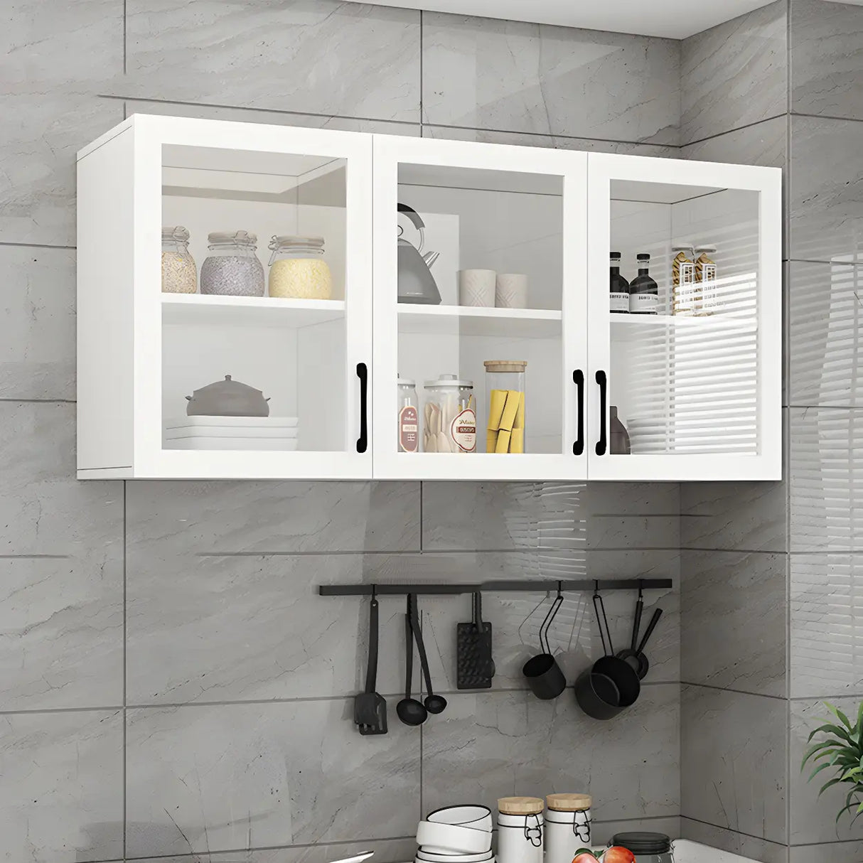 White Rectangular Kitchen Wall-Mount China Cabinet Image - 6