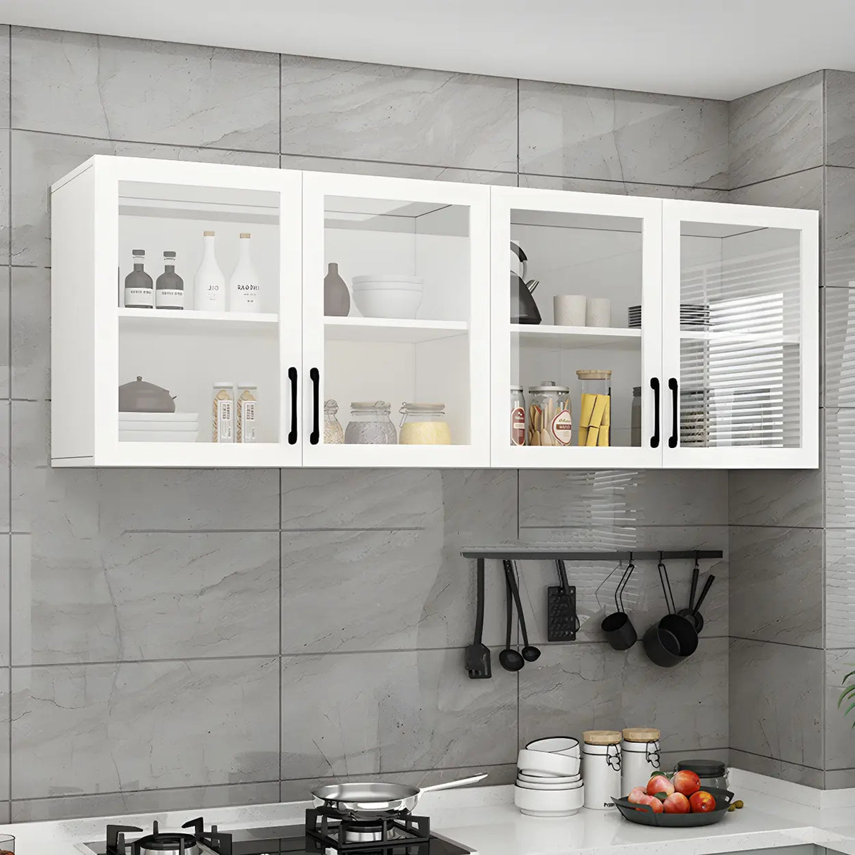 White Rectangular Kitchen Wall-Mount China Cabinet Image - 7