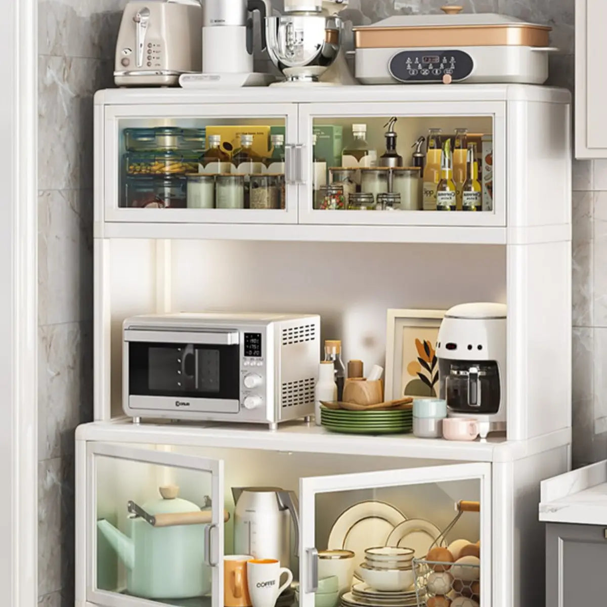 White Rectangular Metal Kitchen China Cabinet White Image - 6