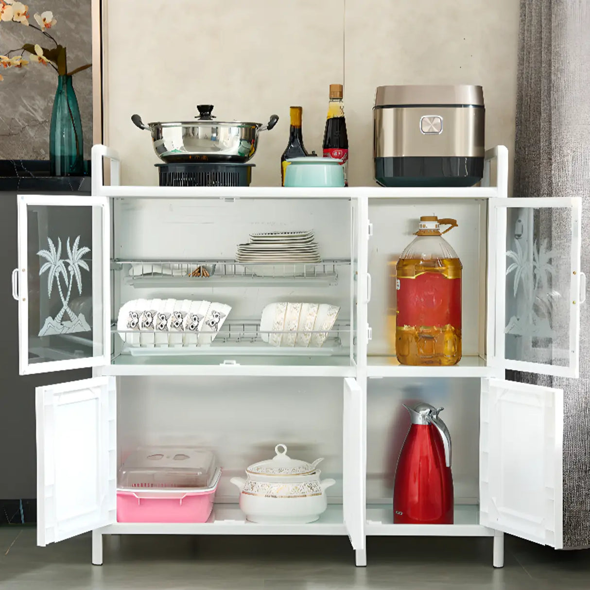 White Rectangular Steel Kitchen Storage China Cabinet Image - 10