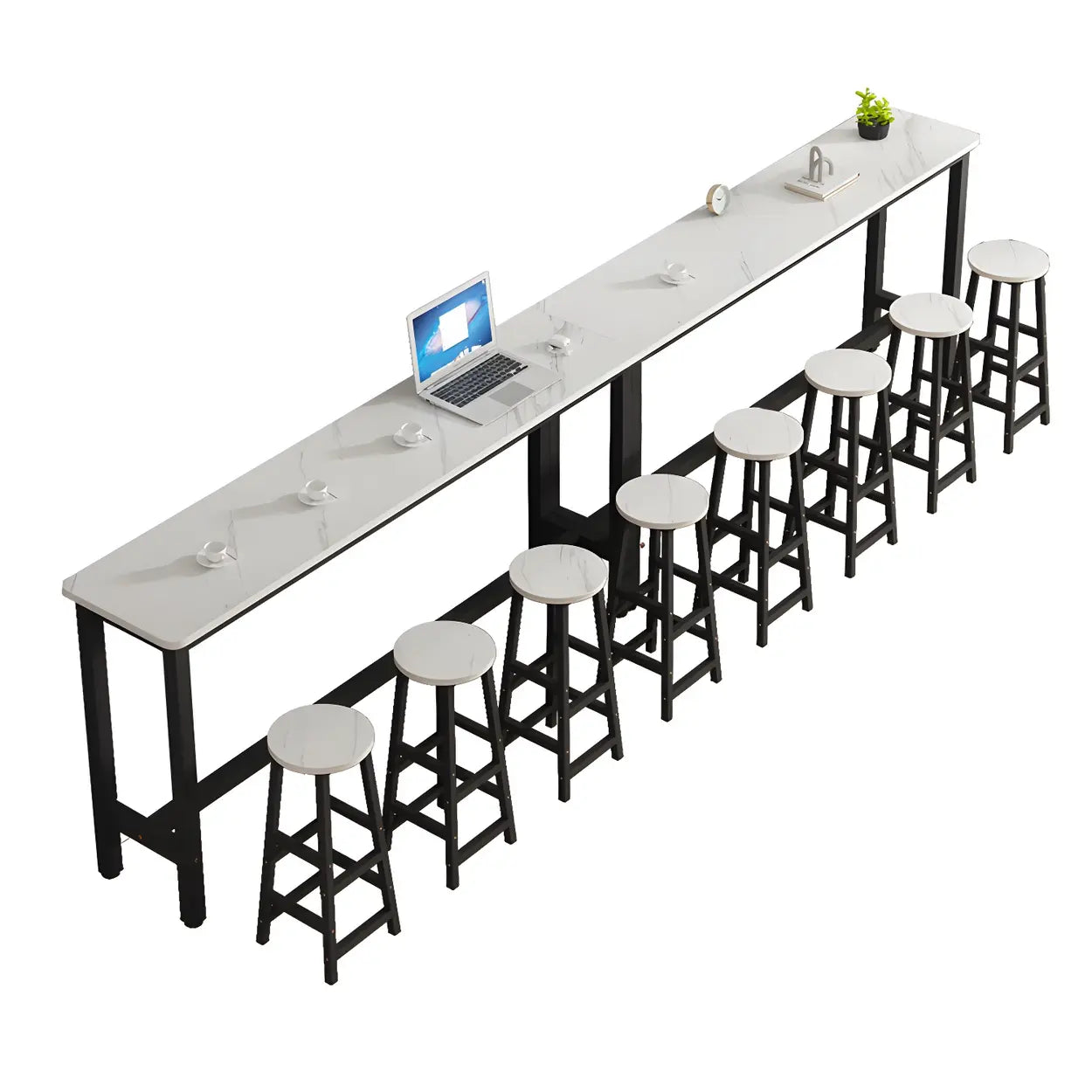 White Rectangular Wood Steel Long Bar Table With Footrest Image - 2