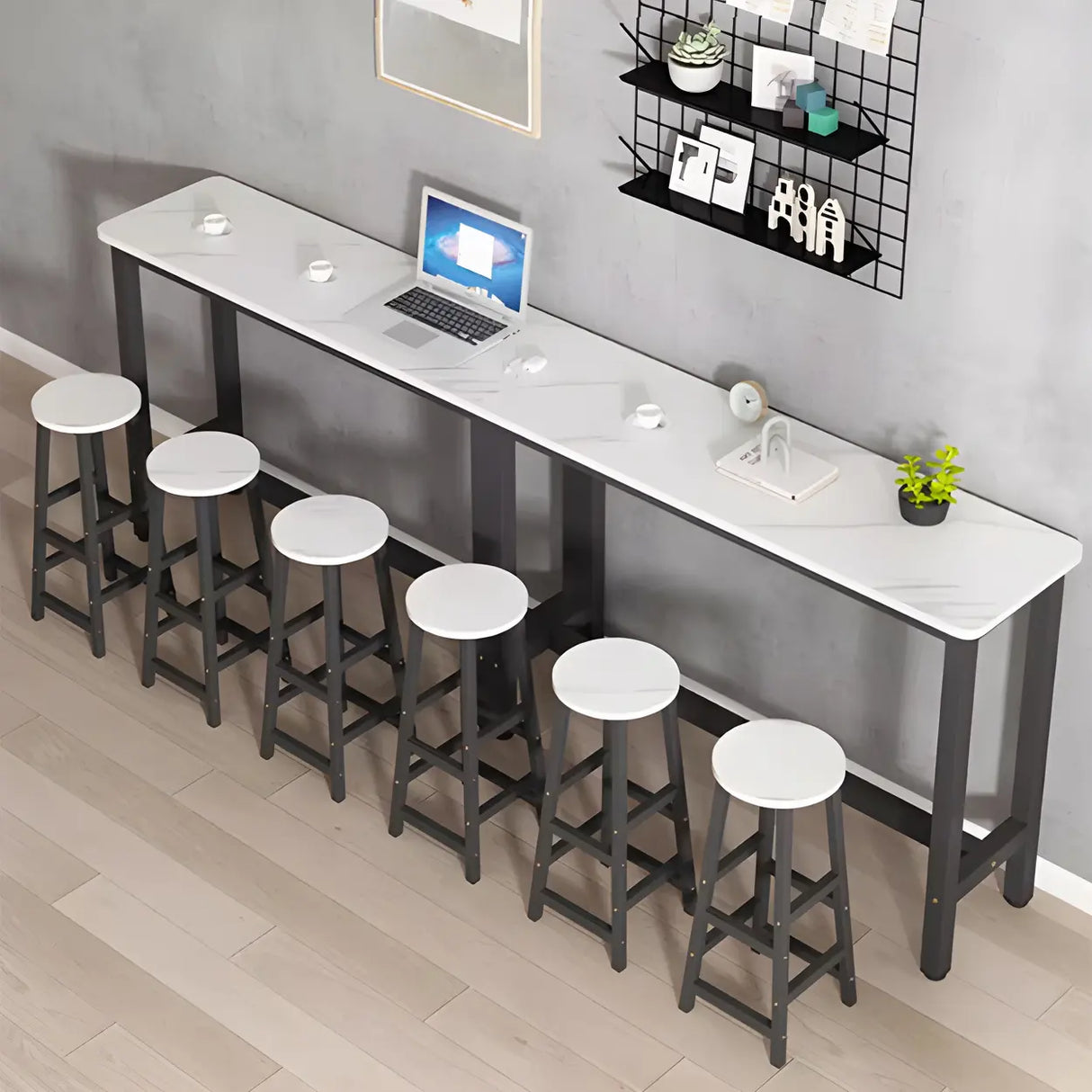 White Rectangular Wood Steel Long Bar Table With Footrest Image - 2