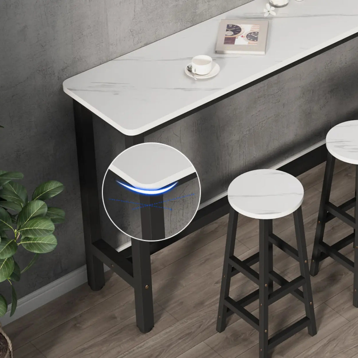 White Rectangular Wood Steel Long Bar Table With Footrest Image - 7