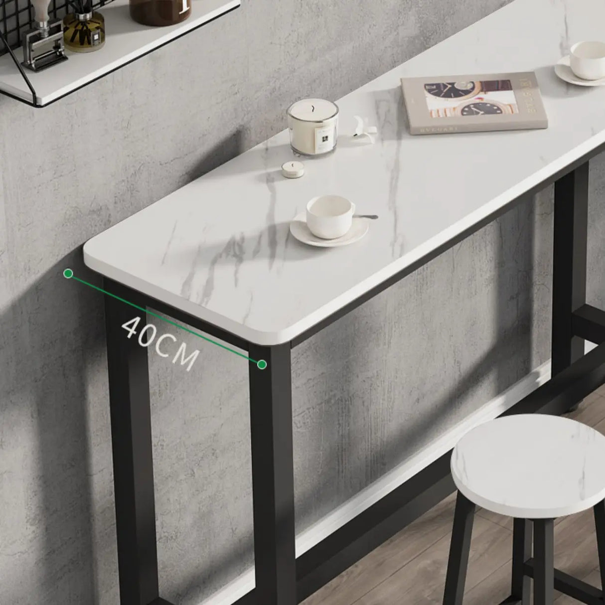 White Rectangular Wood Steel Long Bar Table With Footrest Image - 8