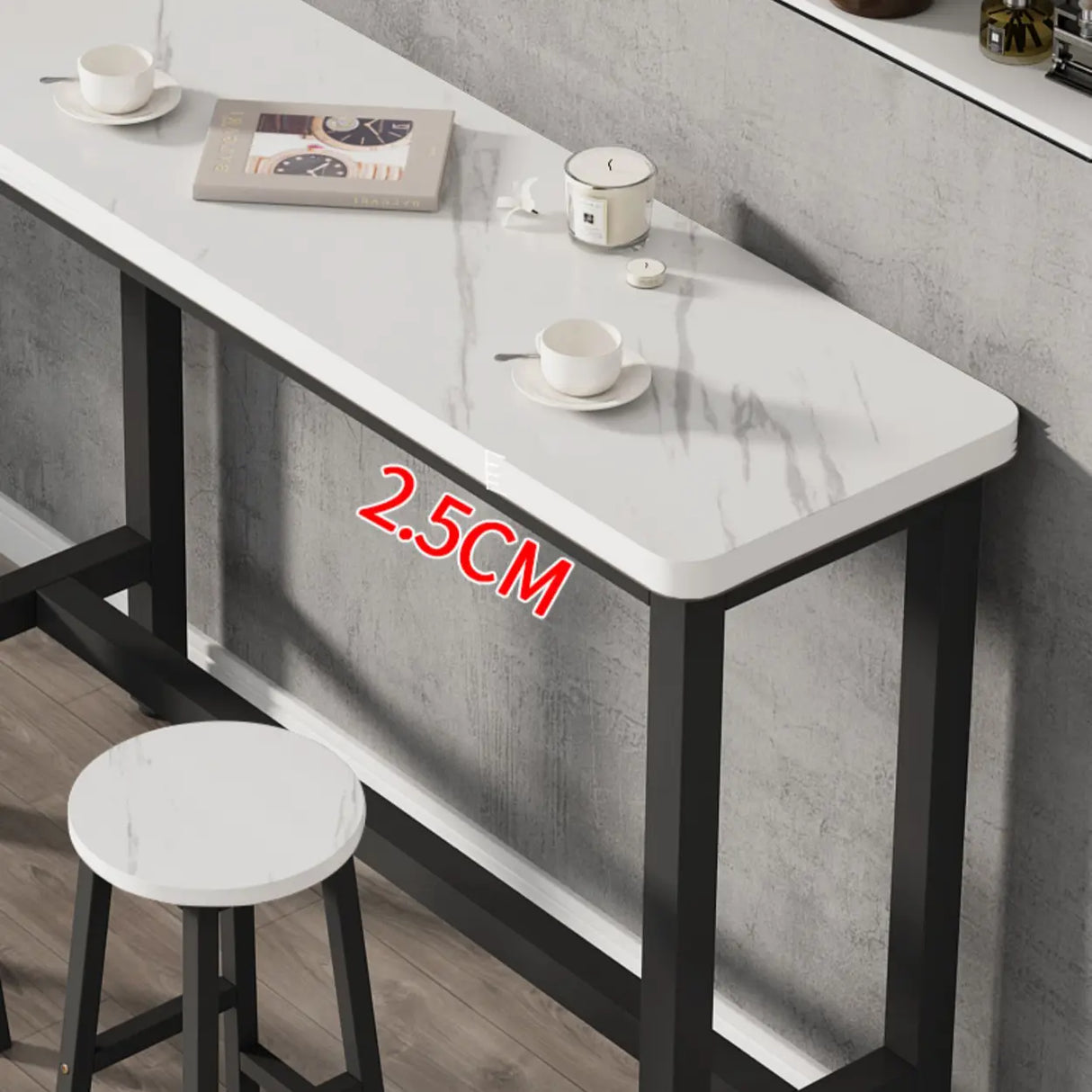 White Rectangular Wood Steel Long Bar Table With Footrest Image - 9