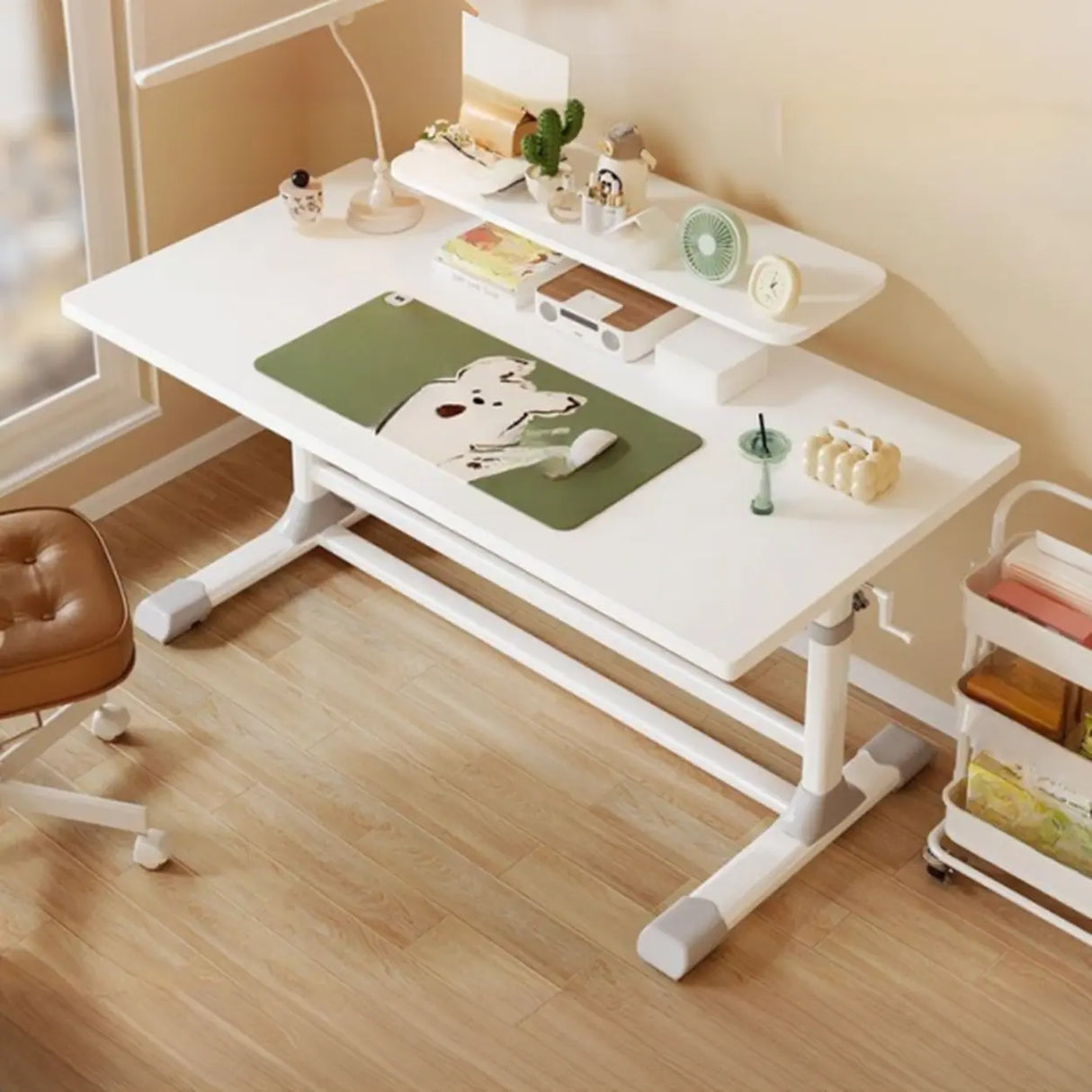 White Rectangular Wood Storage Kids Desk with Shelf Image - 1