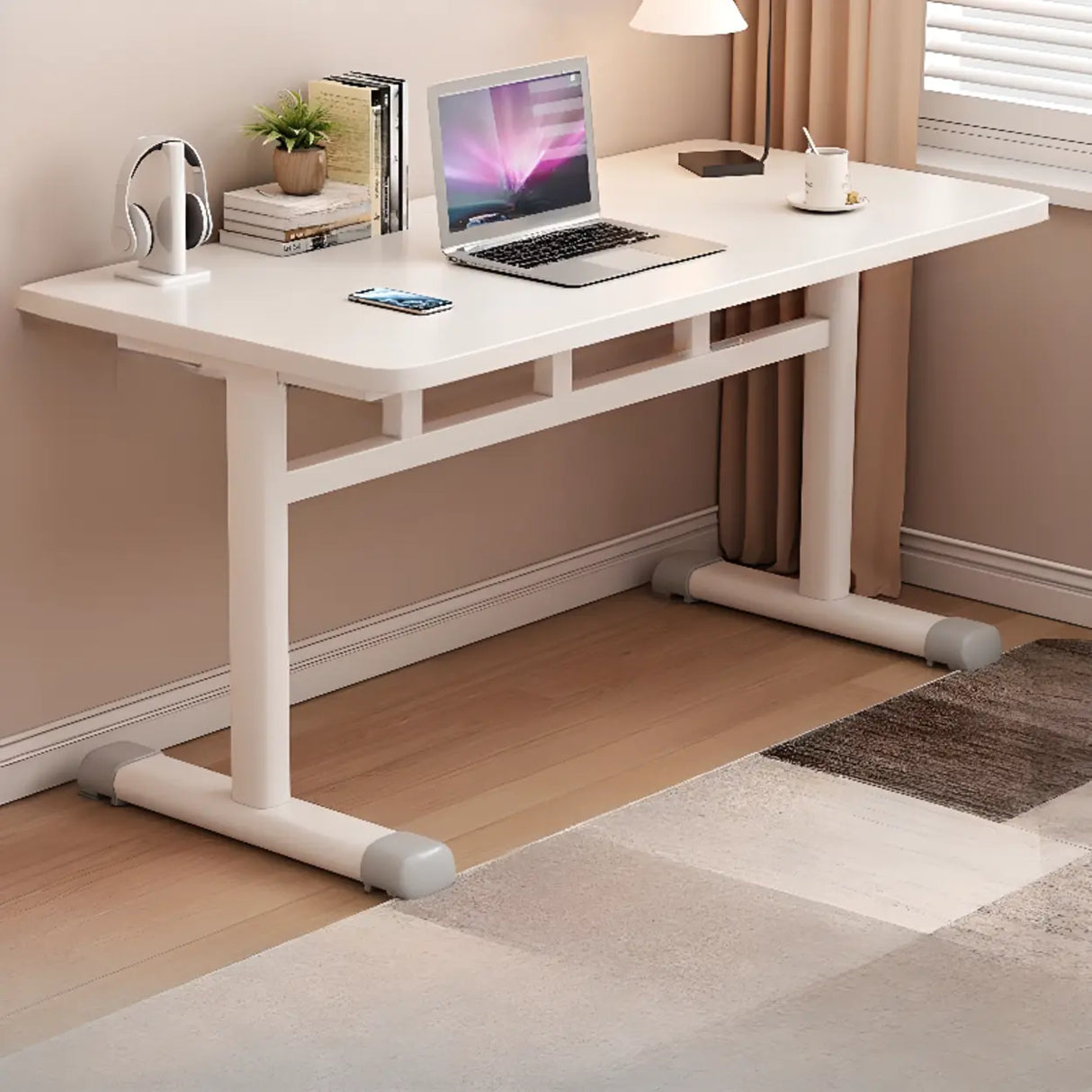 White Rectangular Wood Storage Kids Desk with Shelf Image - 2