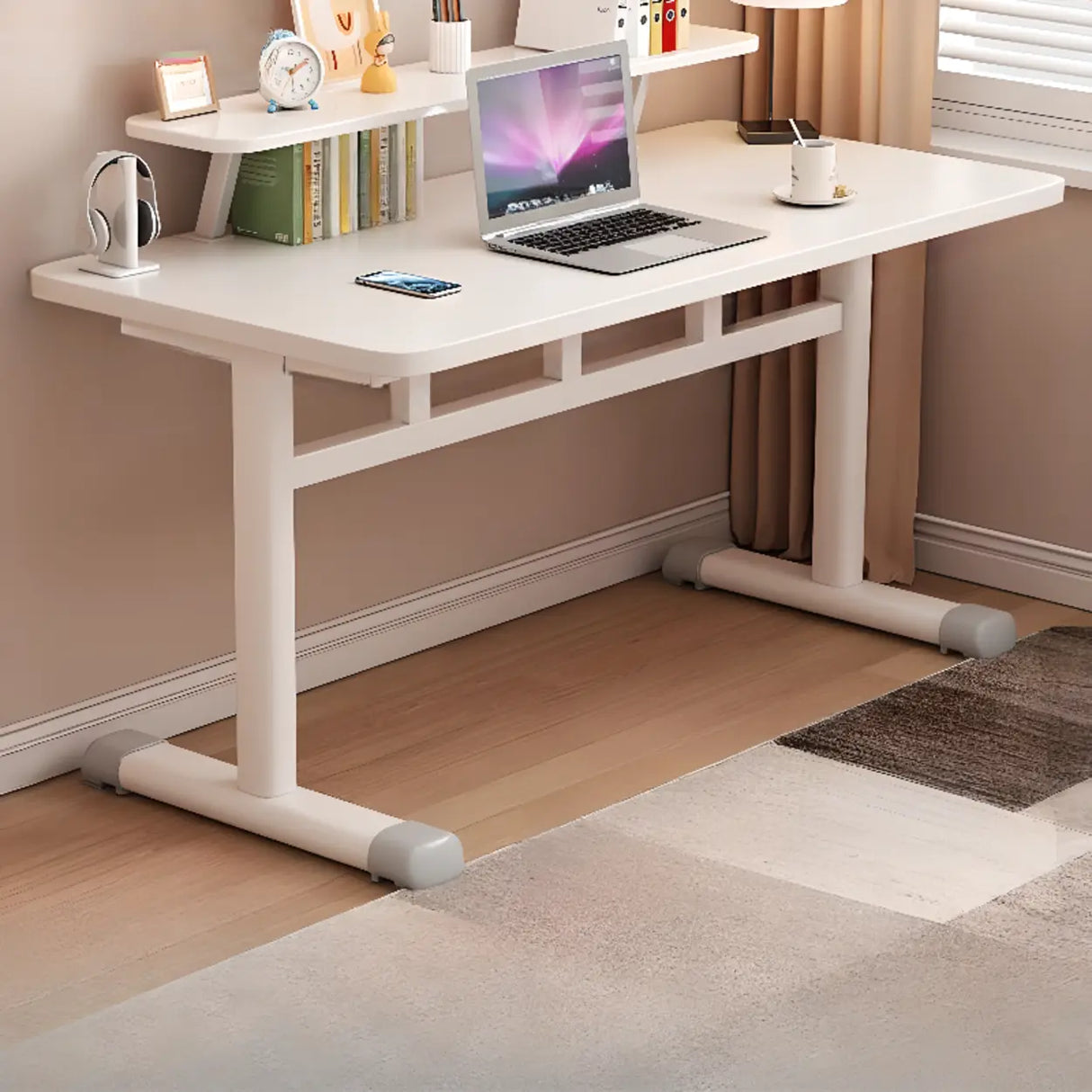 White Rectangular Wood Storage Kids Desk with Shelf Image - 3