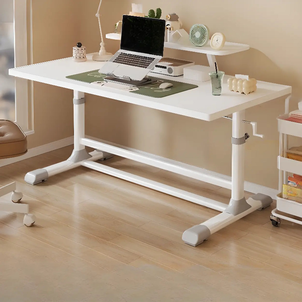 White Rectangular Wood Storage Kids Desk with Shelf Image - 7