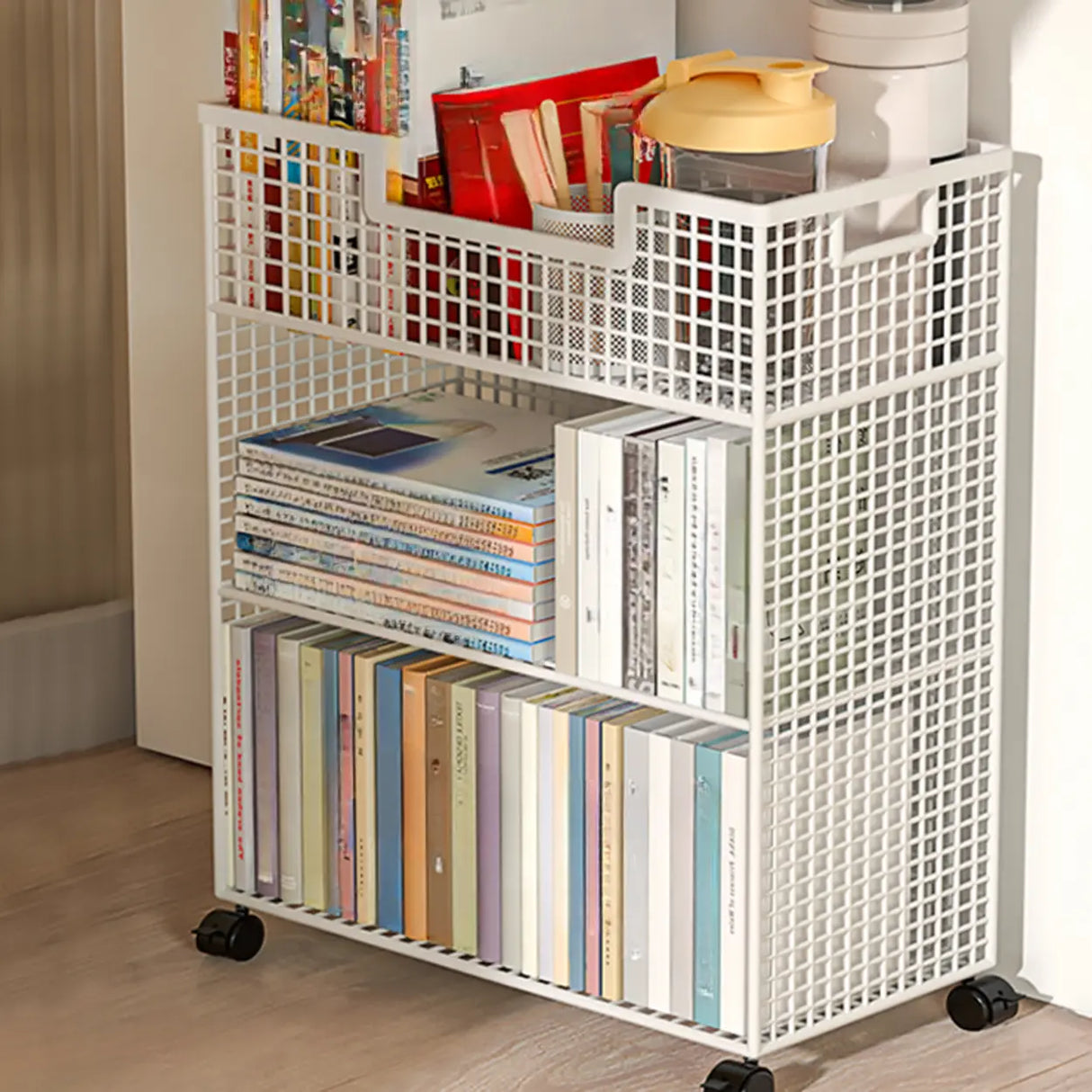 White Removable Metal Book Cart with Shelf and Casters Image - 1