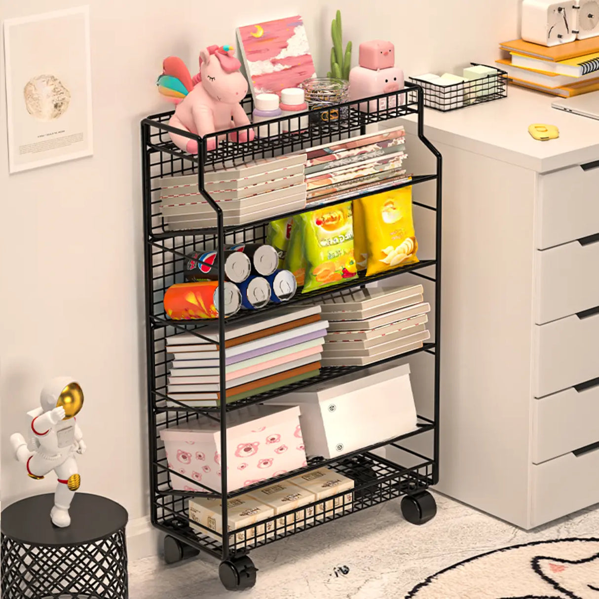 White Removable Metal Book Cart with Shelf and Casters Image - 2