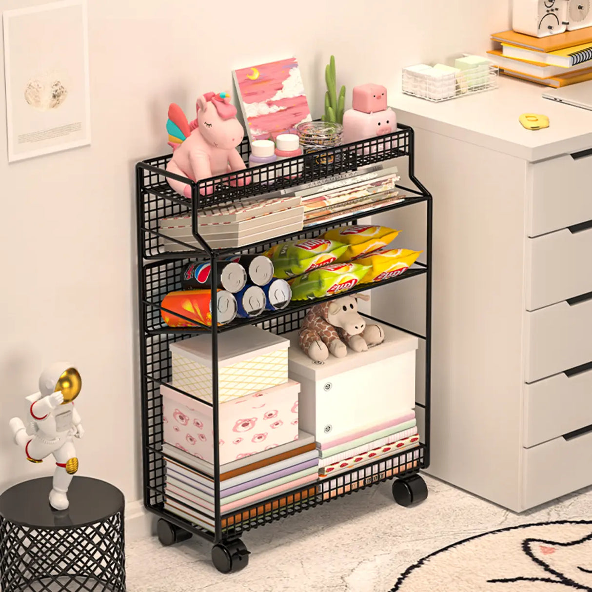 White Removable Metal Book Cart with Shelf and Casters Image - 5