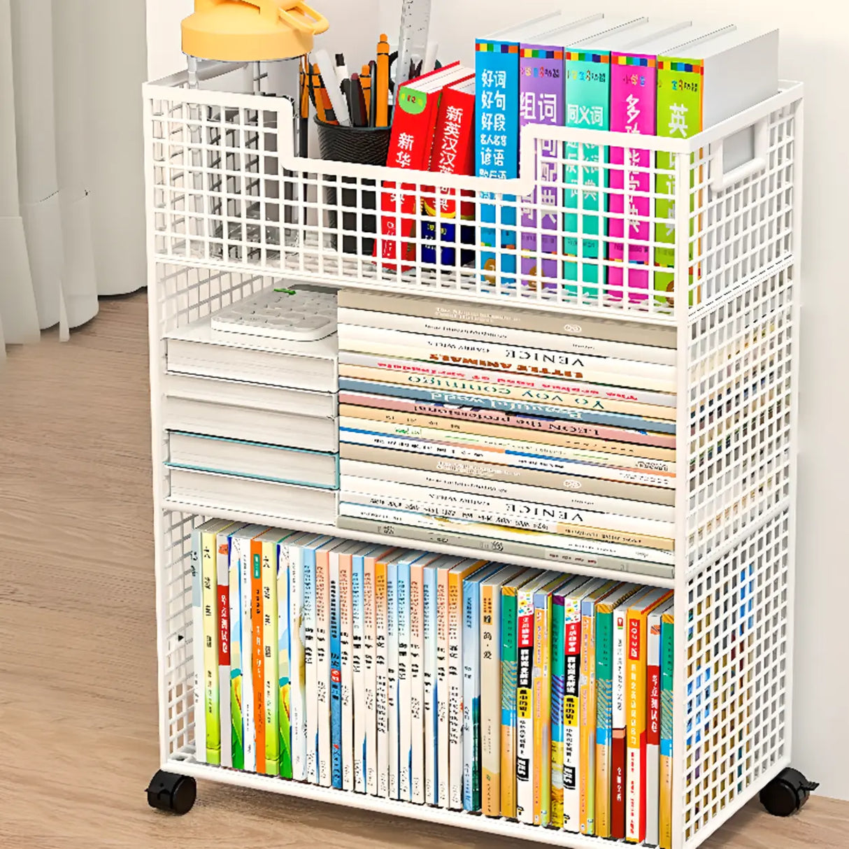White Removable Metal Book Cart with Shelf and Casters Image - 6