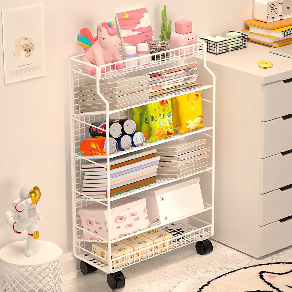 White Removable Metal Book Cart with Shelf and Casters Image - 7