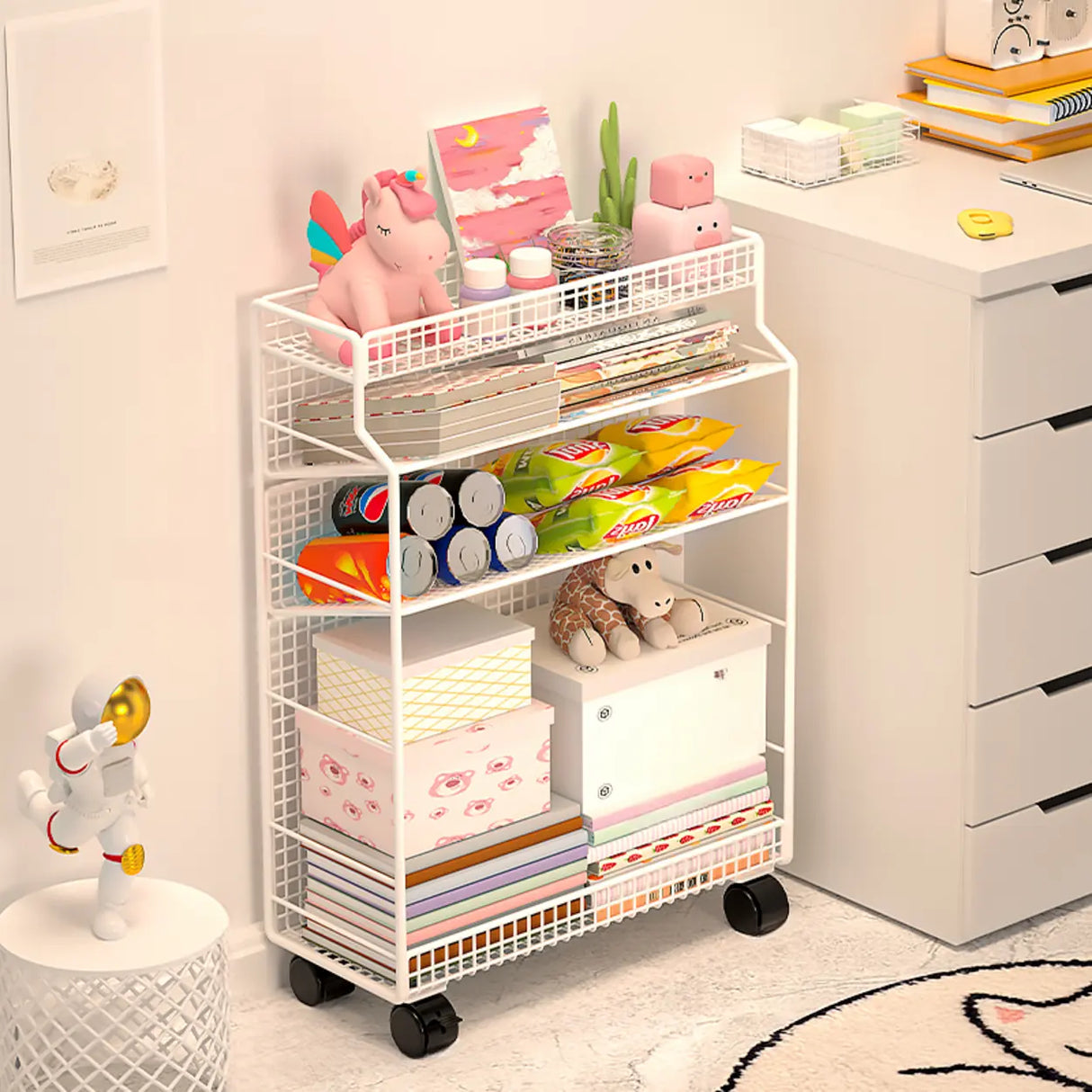 White Removable Metal Book Cart with Shelf and Casters Image - 9