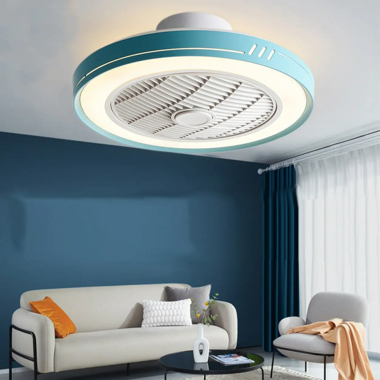 White Round Bladeless Modern Ceiling Fan with LED Light Image - 4