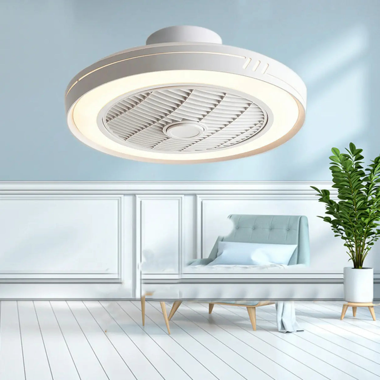 White Round Bladeless Modern Ceiling Fan with LED Light Image - 5