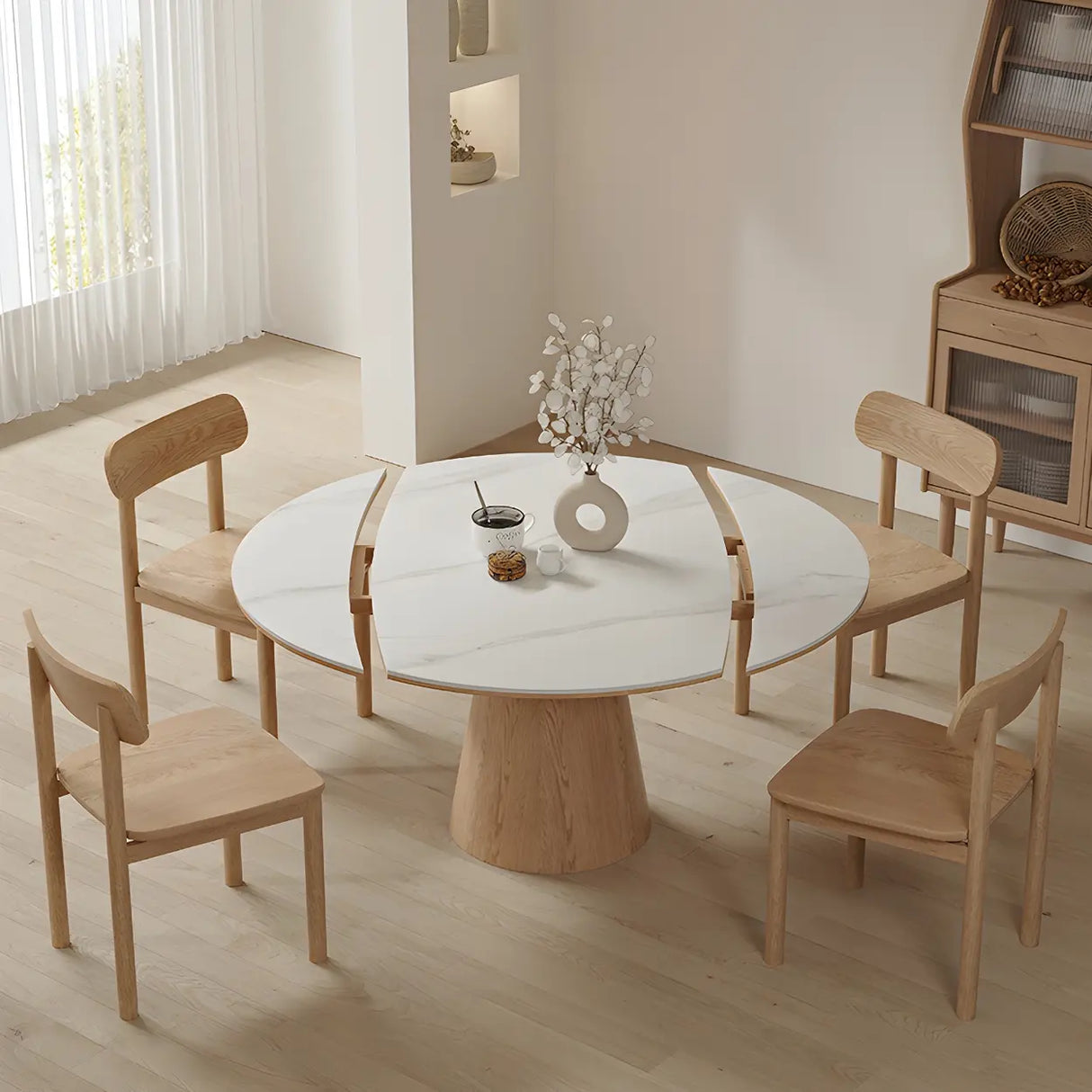 White Round Extendable Stone Wood Pedestal Dining Table Image - 1