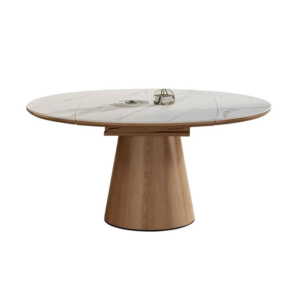 White Round Extendable Stone Wood Pedestal Dining Table Image - 2