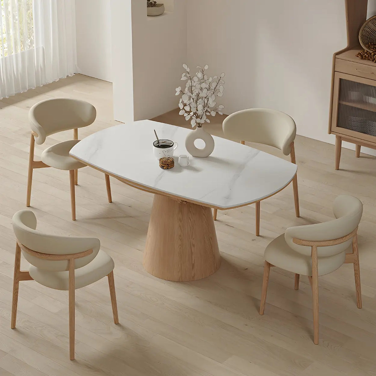 White Round Extendable Stone Wood Pedestal Dining Table Image - 3