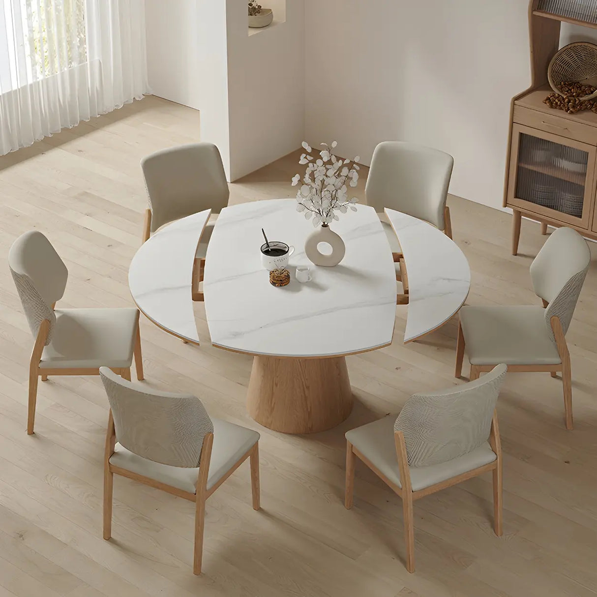 White Round Extendable Stone Wood Pedestal Dining Table Image - 4