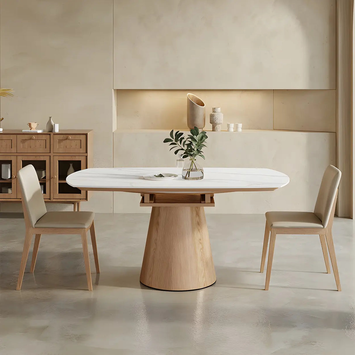 White Round Extendable Stone Wood Pedestal Dining Table Image - 5