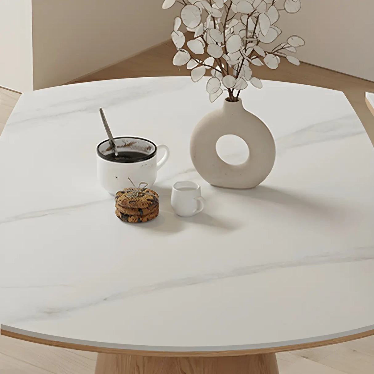 White Round Extendable Stone Wood Pedestal Dining Table Image - 6