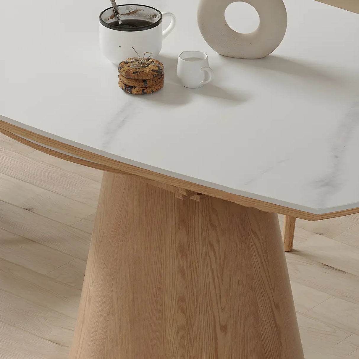 White Round Extendable Stone Wood Pedestal Dining Table Image - 7