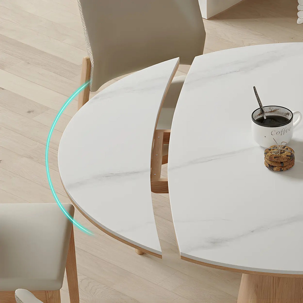 White Round Extendable Stone Wood Pedestal Dining Table Image - 8