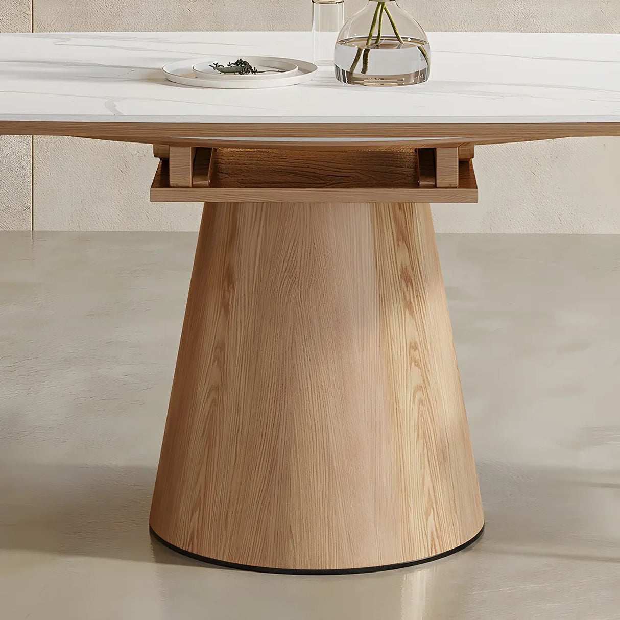 White Round Extendable Stone Wood Pedestal Dining Table Image - 9