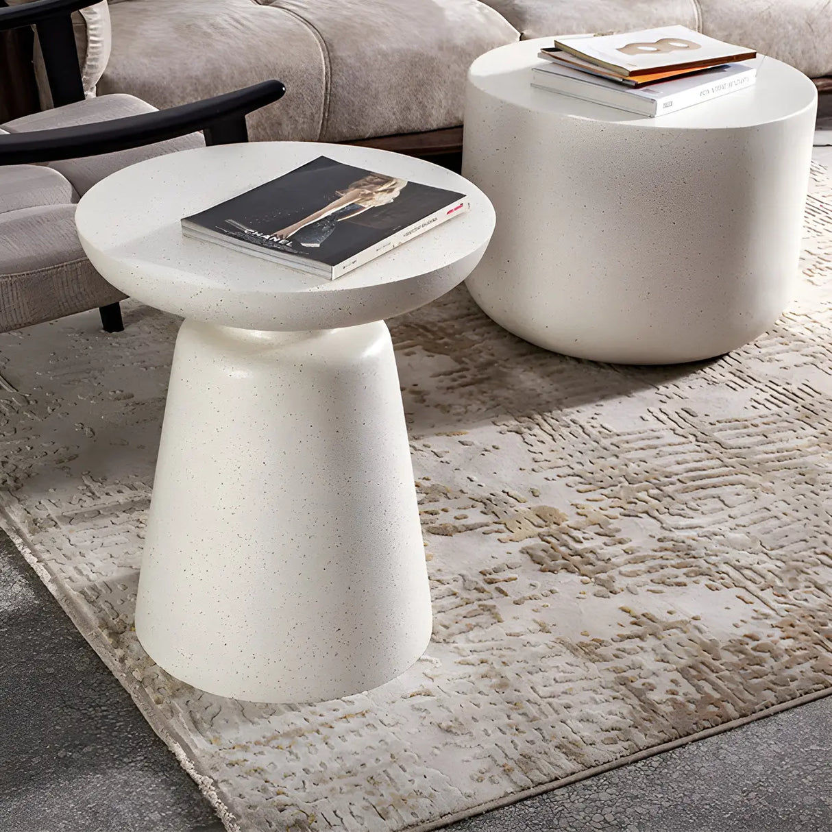 White Round Fiberglass Drum Base Single Coffee Table Image - 11