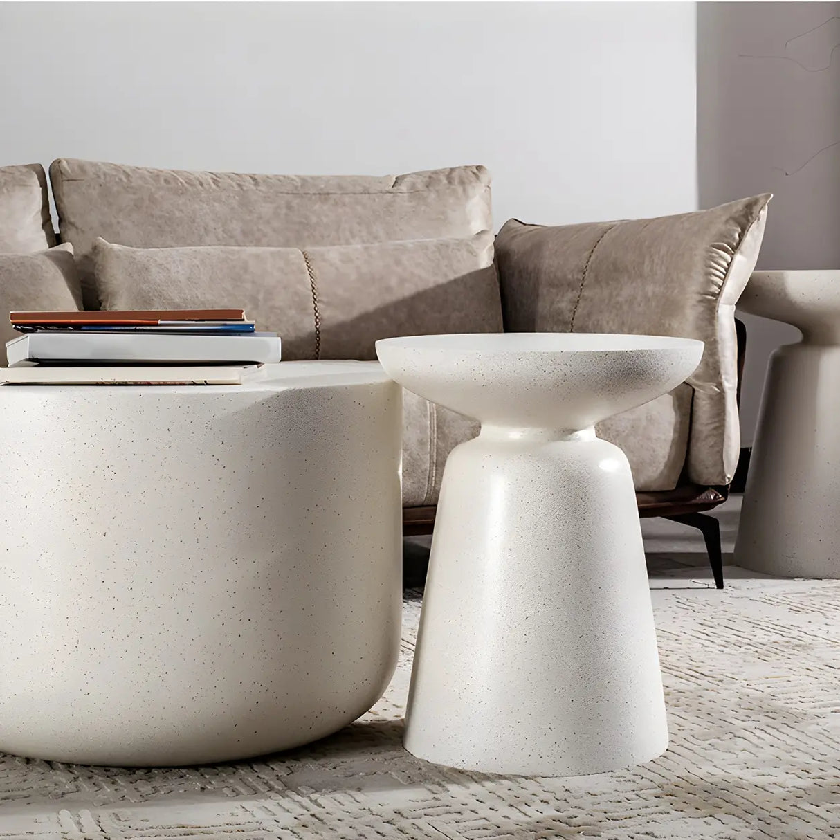 White Round Fiberglass Drum Base Single Coffee Table Image - 14