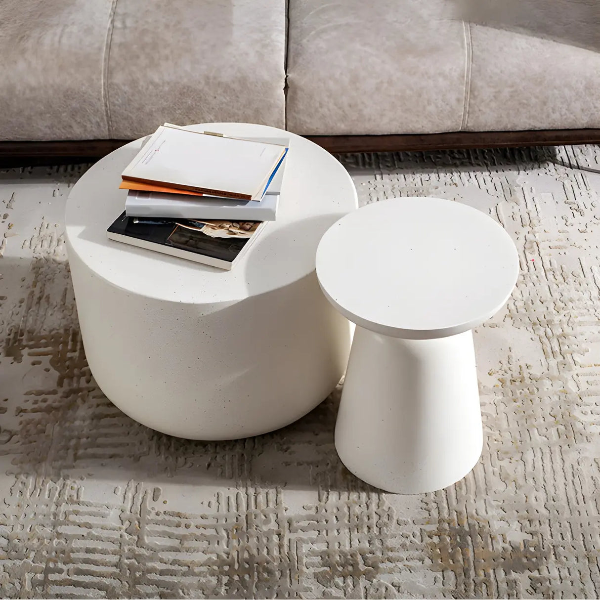 White Round Fiberglass Drum Base Single Coffee Table Image - 15