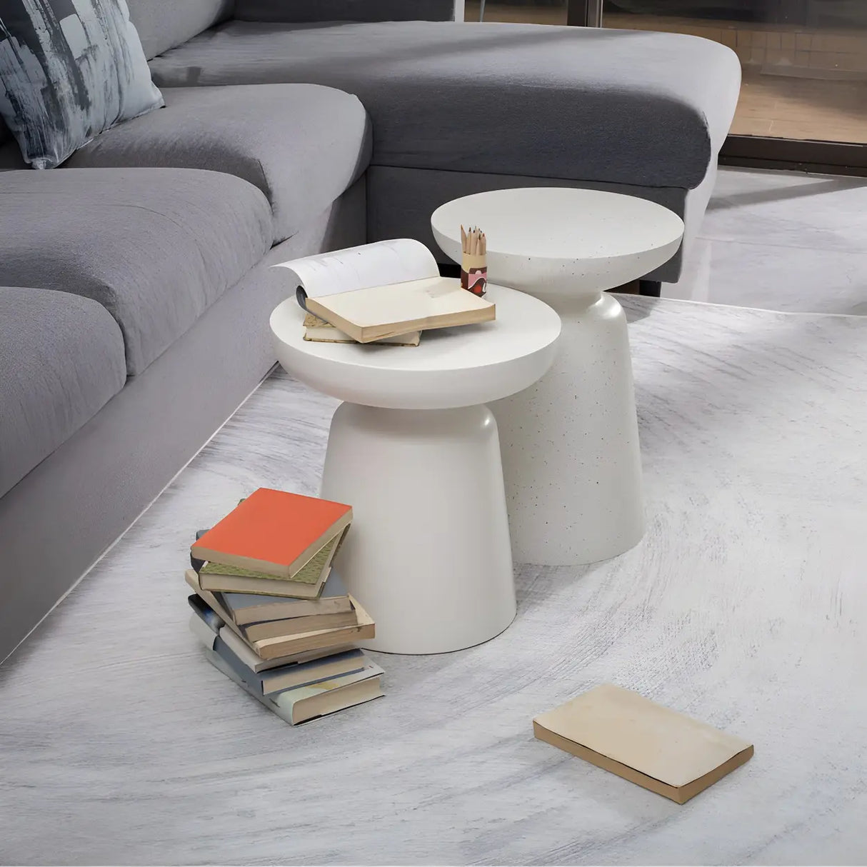 White Round Fiberglass Drum Base Single Coffee Table Image - 17