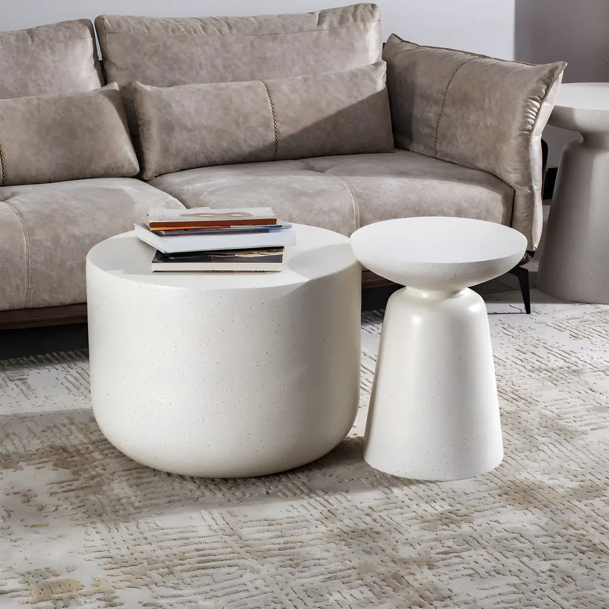 White Round Fiberglass Drum Base Single Coffee Table Image - 4