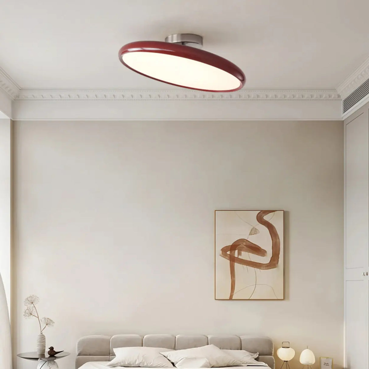 White Round Semi-Flush Mount Ceiling Light Bedroom Image - 2