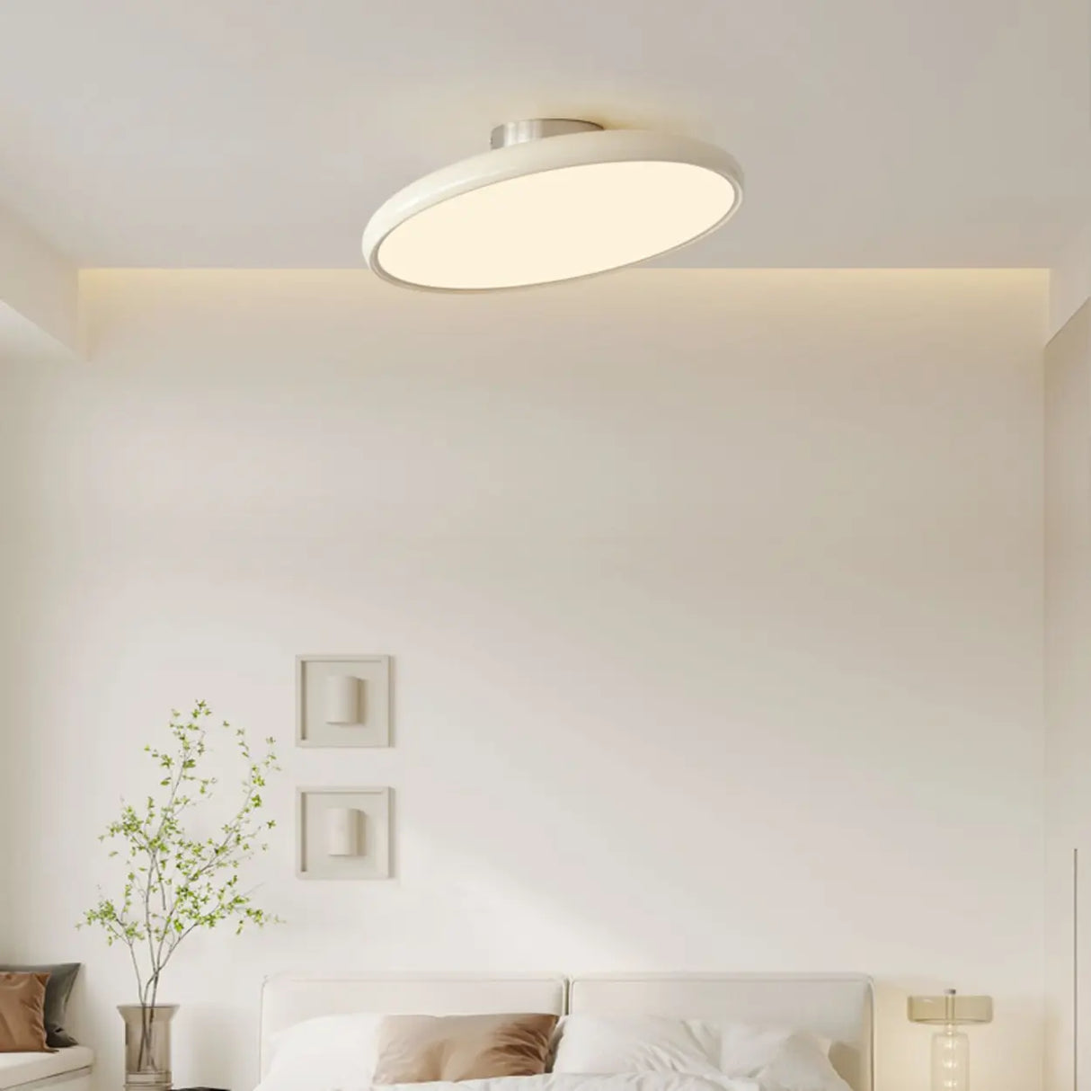 White Round Semi-Flush Mount Ceiling Light Bedroom Image - 3