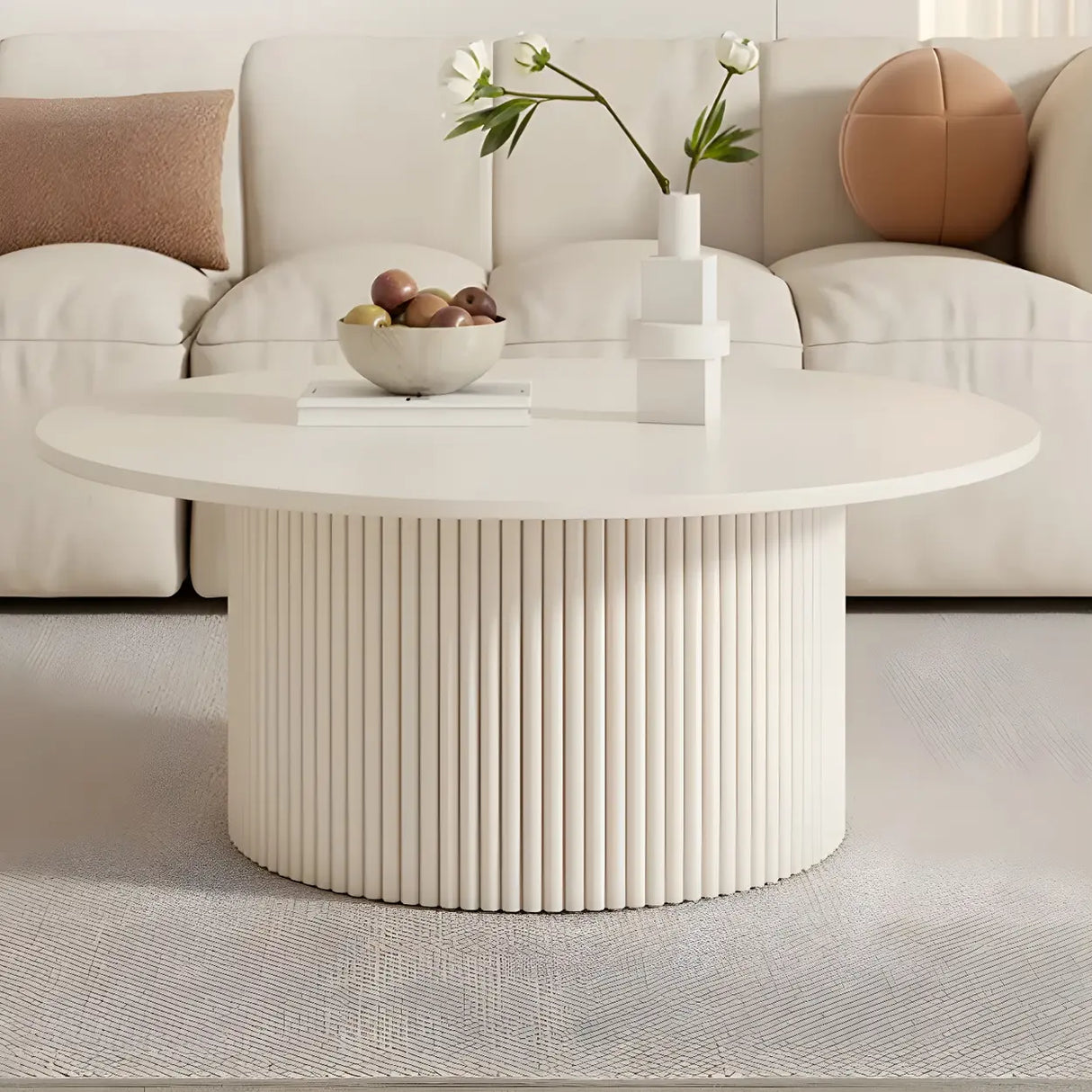 White Round Stone Steel Pedestal Nesting Coffee Table Image - 10