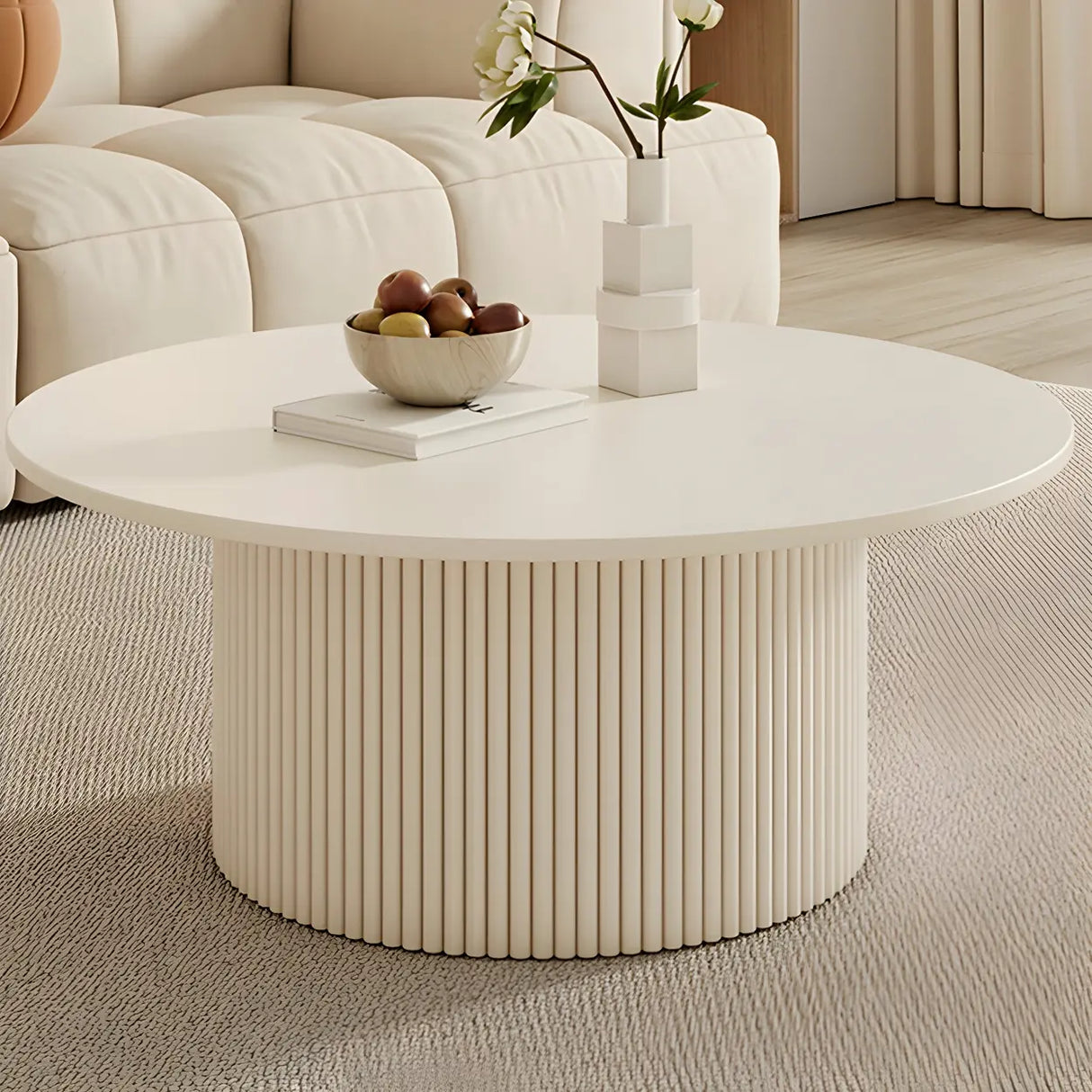 White Round Stone Steel Pedestal Nesting Coffee Table Image - 1