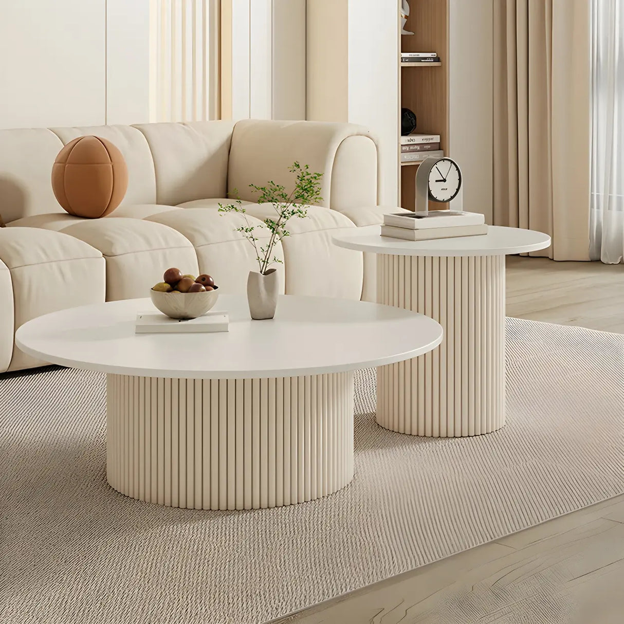 White Round Stone Steel Pedestal Nesting Coffee Table Image - 2