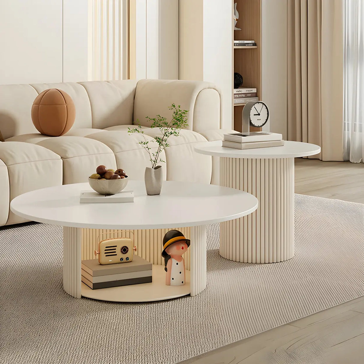 White Round Stone Steel Pedestal Nesting Coffee Table Image - 3