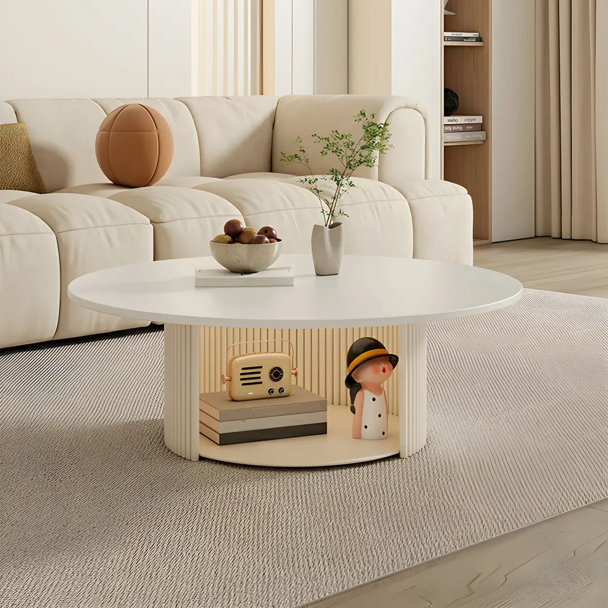 White Round Stone Steel Pedestal Nesting Coffee Table Image - 4