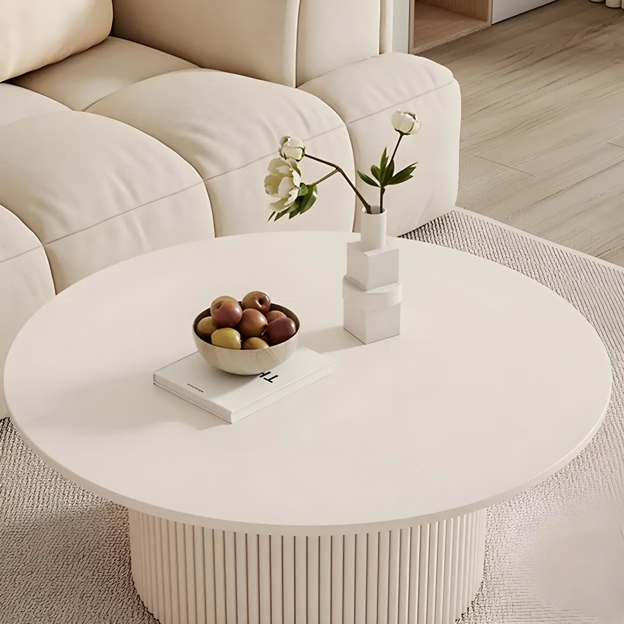 White Round Stone Steel Pedestal Nesting Coffee Table Image - 6