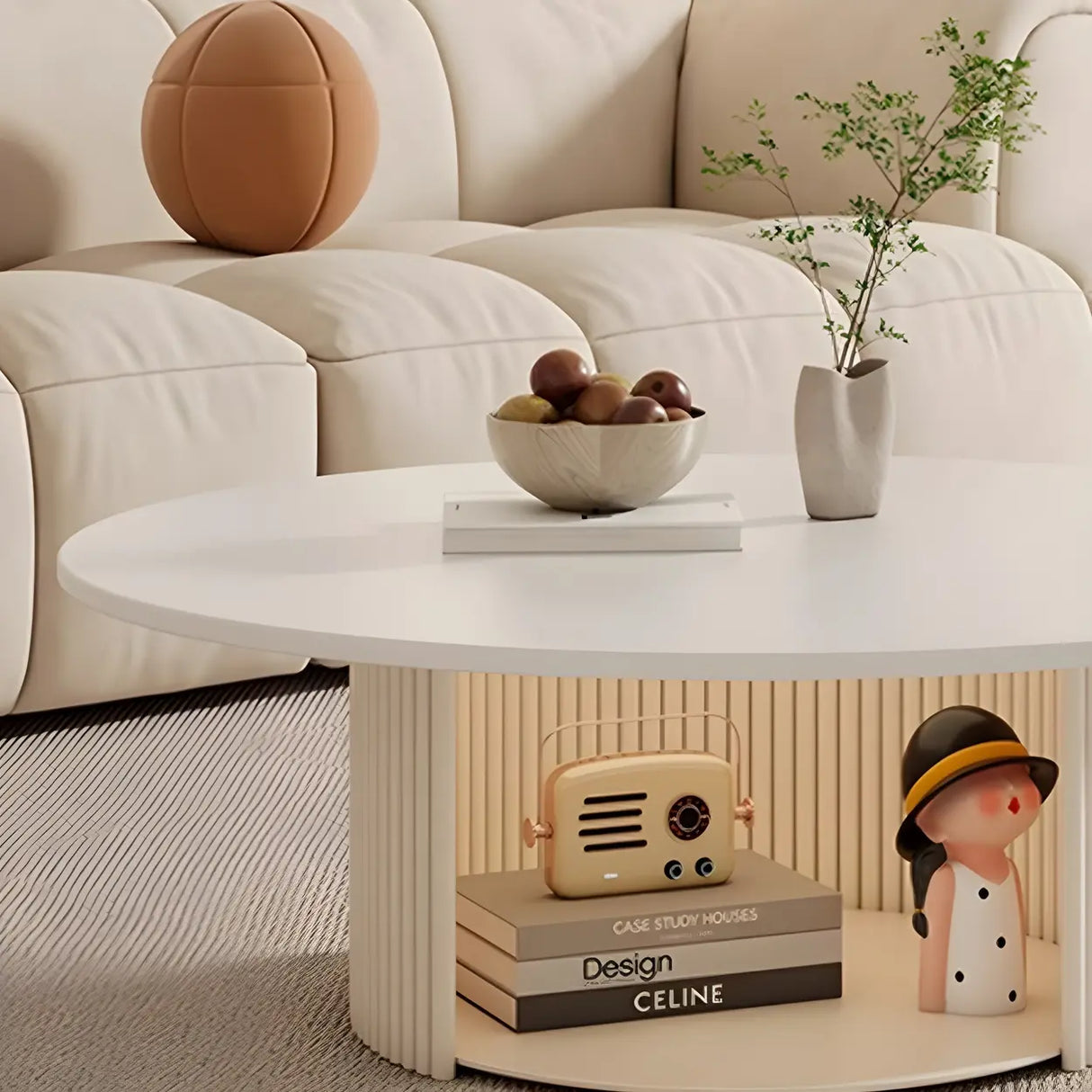 White Round Stone Steel Pedestal Nesting Coffee Table Image - 7