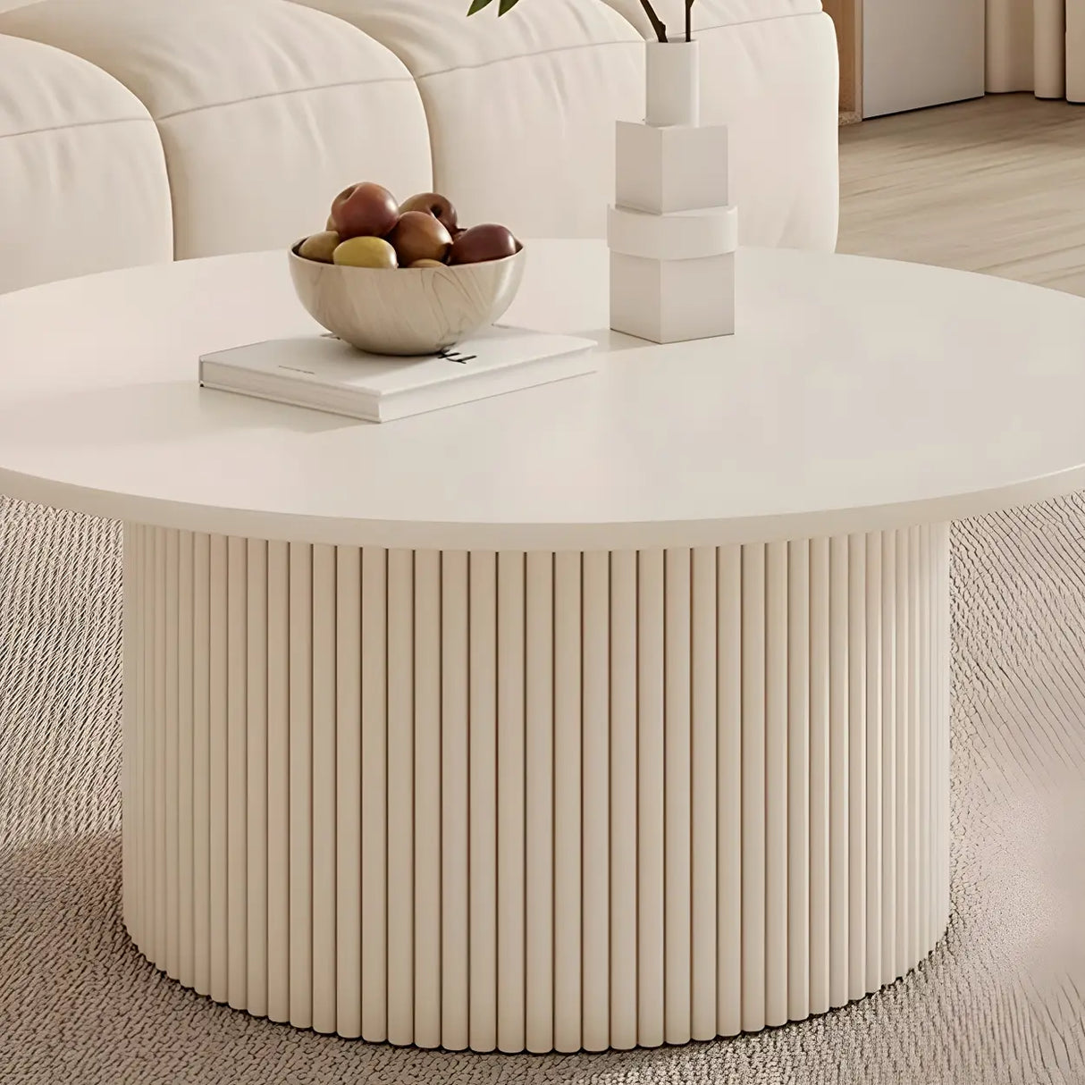 White Round Stone Steel Pedestal Nesting Coffee Table Image - 8