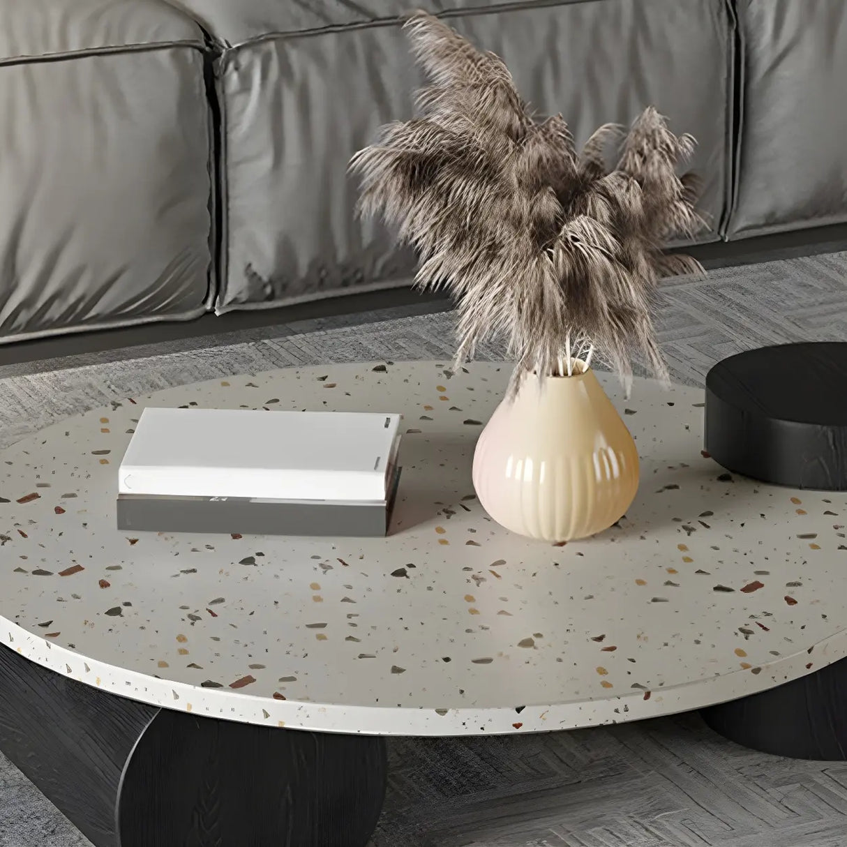 White Round Terrazzo Top Black Wood Base Coffee Table Image - 10