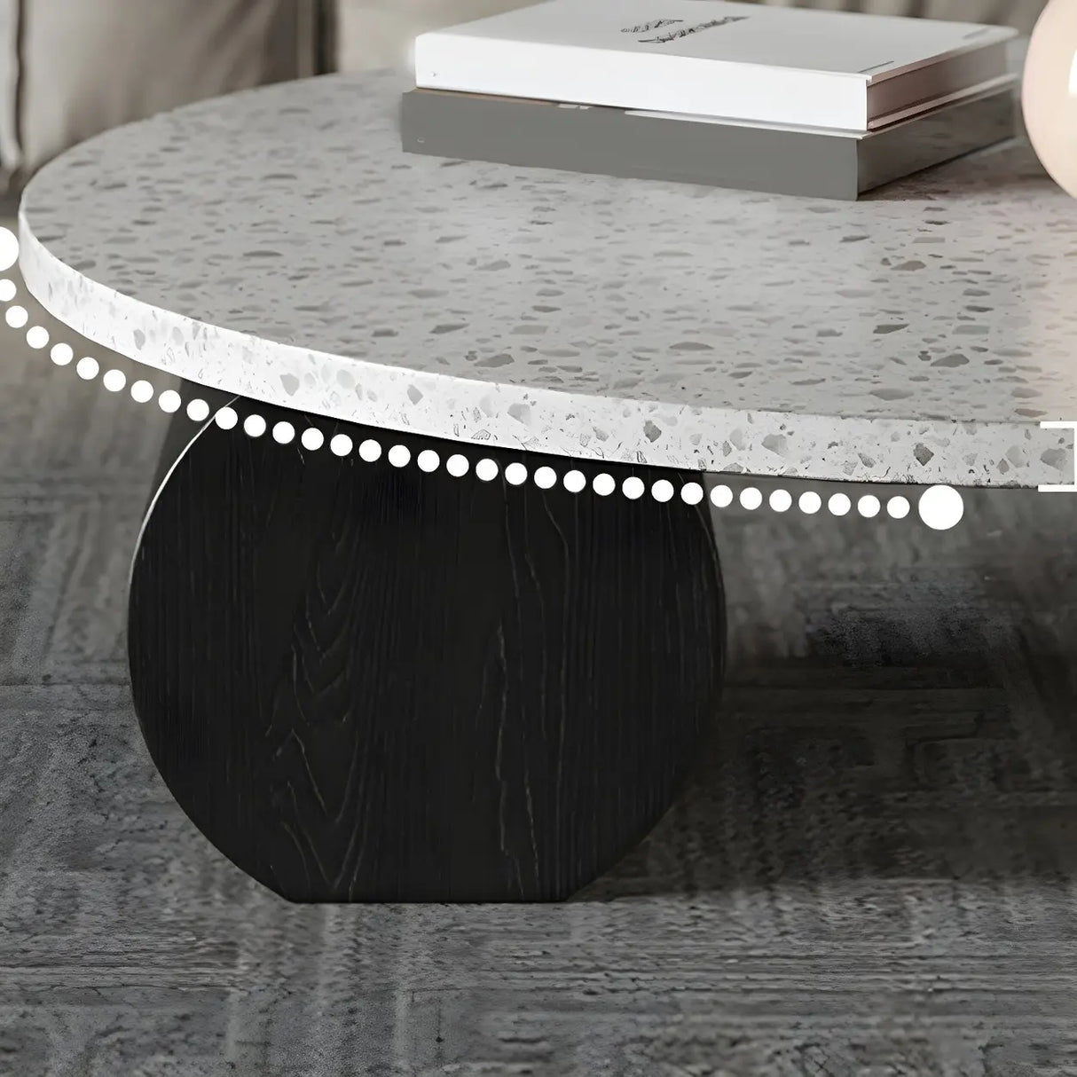 White Round Terrazzo Top Black Wood Base Coffee Table Image - 11