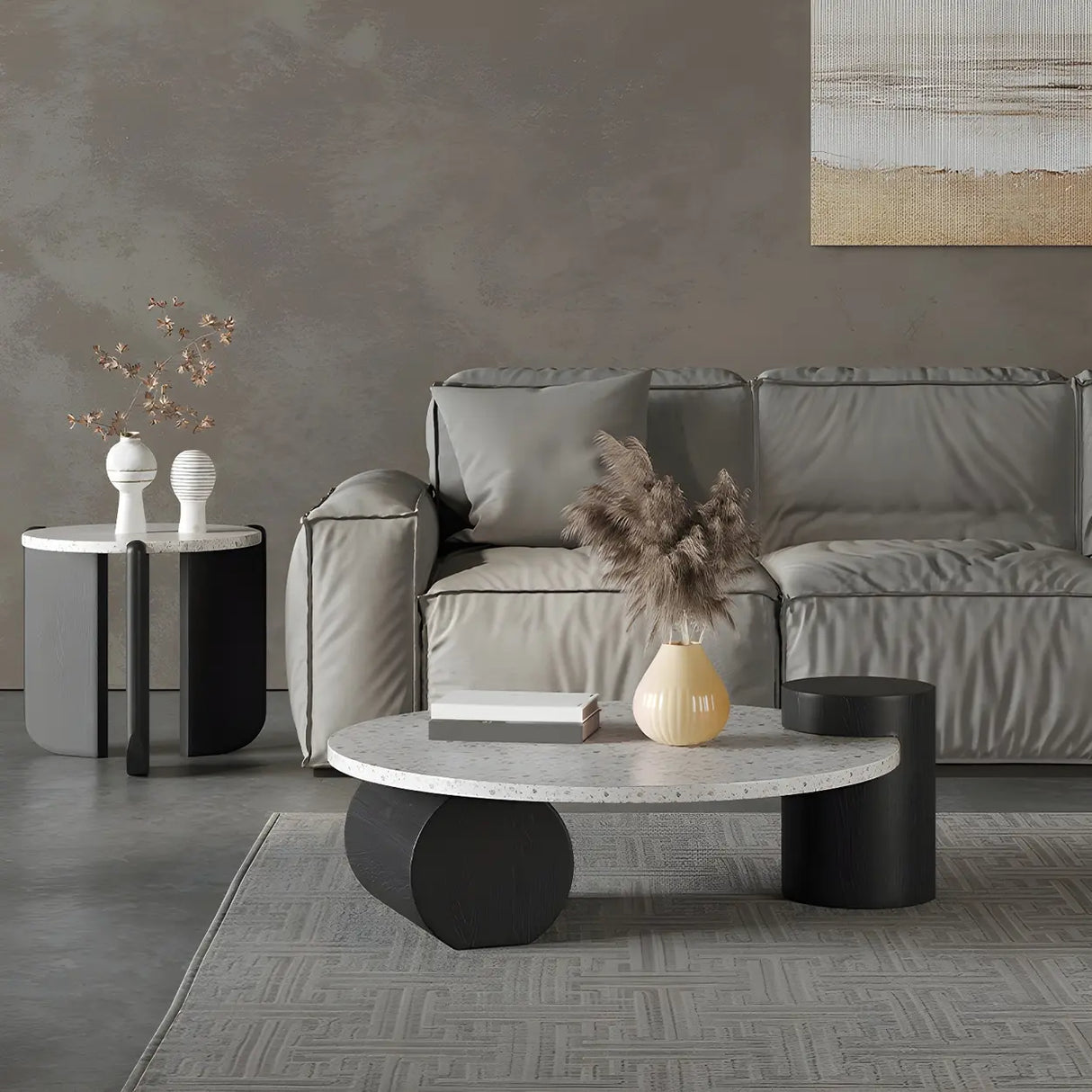 White Round Terrazzo Top Black Wood Base Coffee Table Image - 5