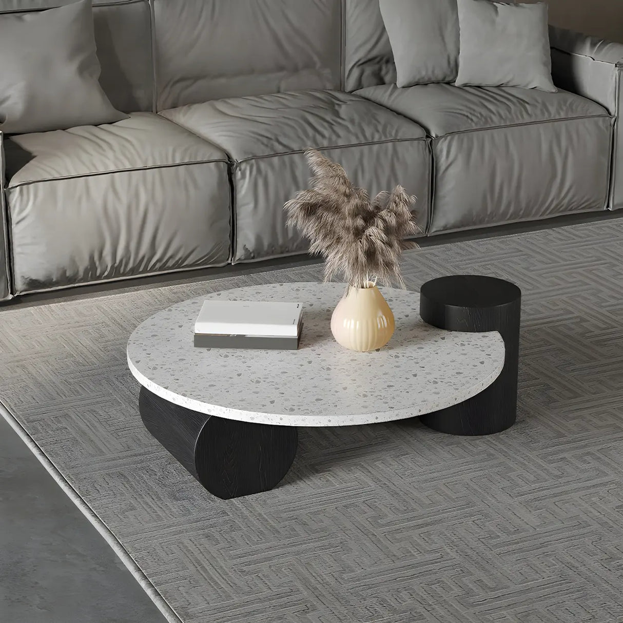 White Round Terrazzo Top Black Wood Base Coffee Table Image - 6